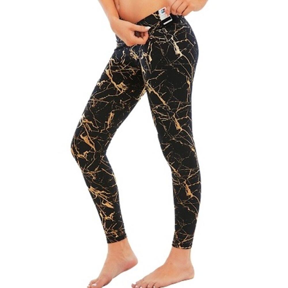 HUGE Sports High Waisted Black Gold Foil Tummy Control Yoga Leggings Size S